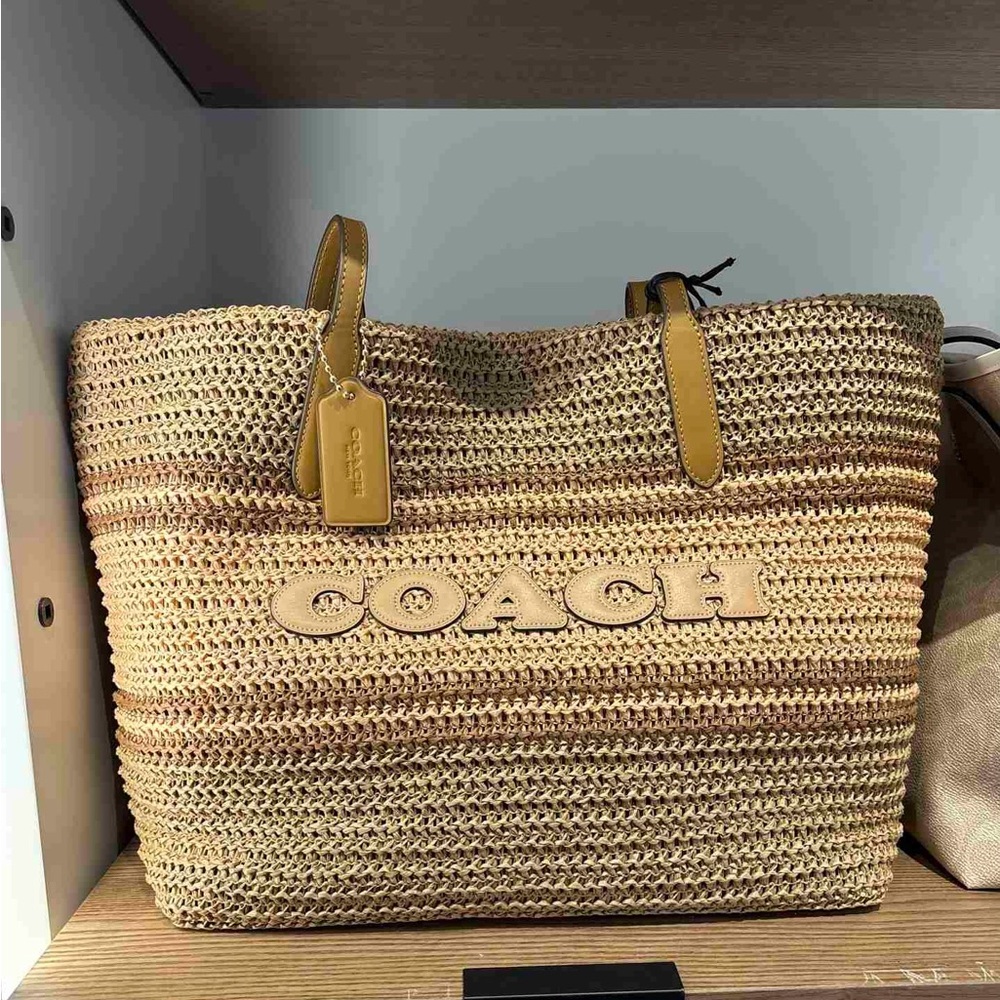 NWT COACH Straw and smooth leather City Tote Bag CBG87 Im/Honey Brown Multi - Picture 6 of 11